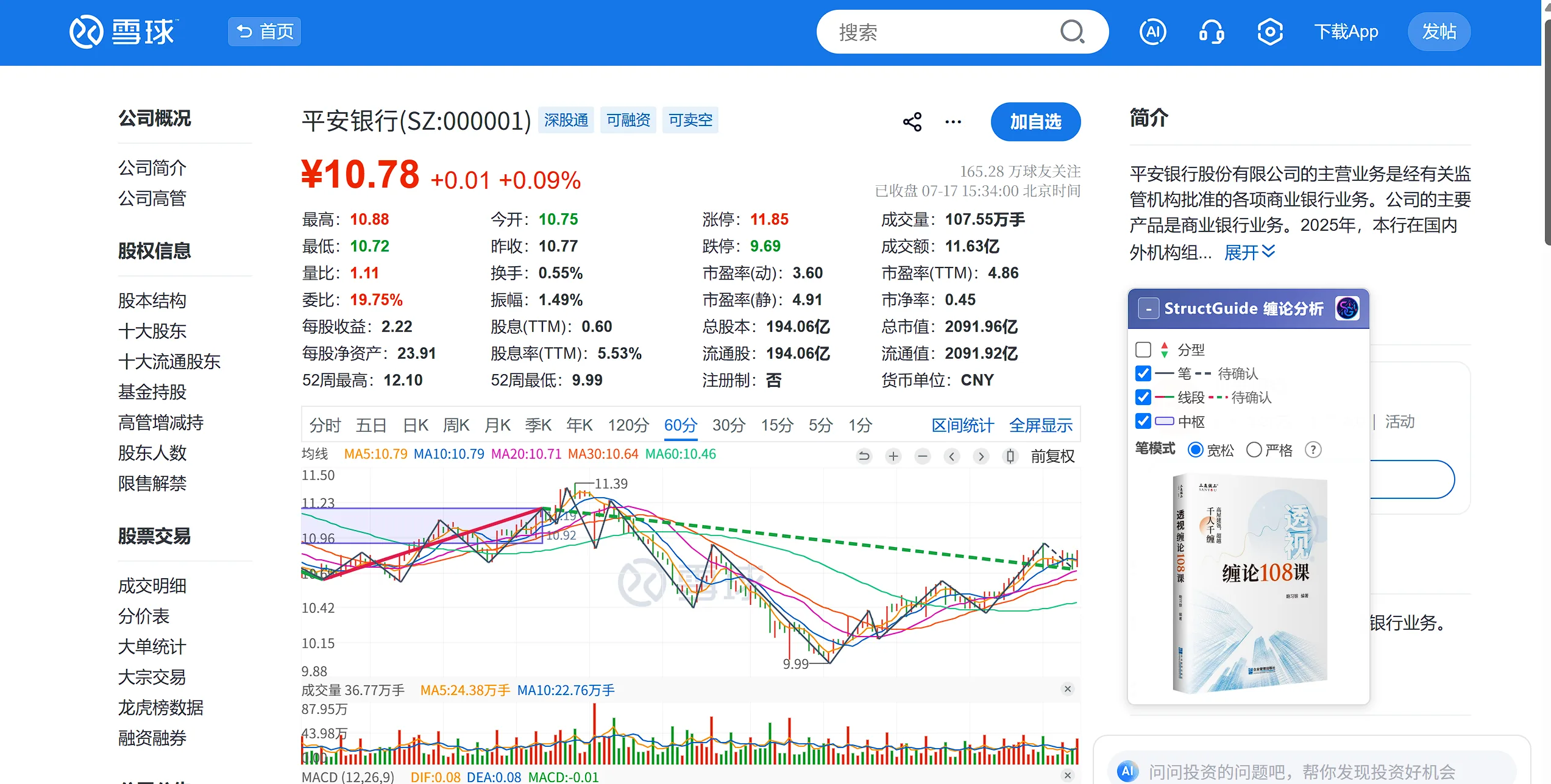 雪球个股K线中的 Struct Guide 结构叠加效果